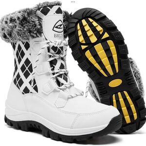 EARLDE Women’s White/Black Snow Boot With Waterproof Lace Up Mid-Calf Outdoor